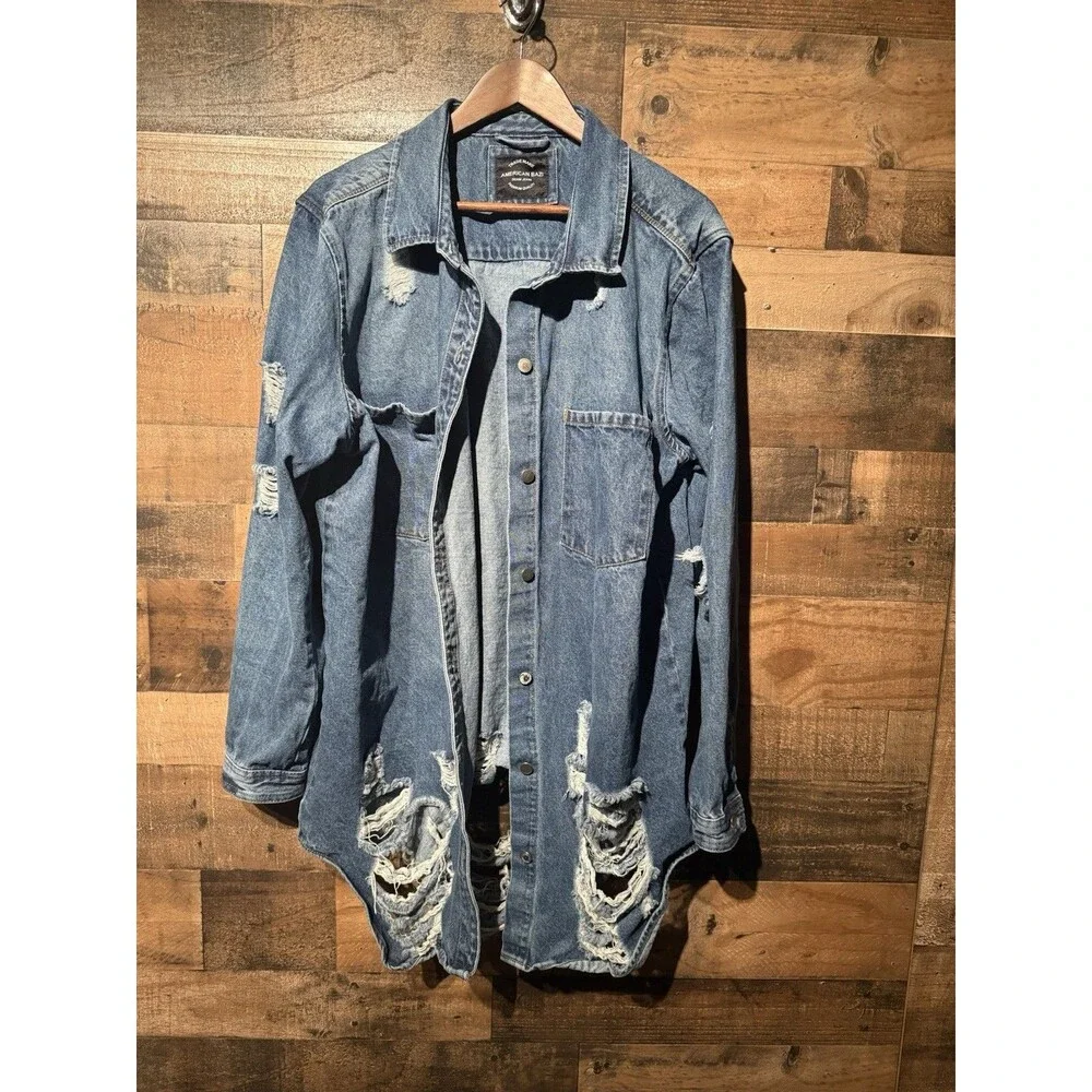 🔥American Bazi Casual Stylish Long Distressed Denim Jean Jacket 3x Boho Y2K